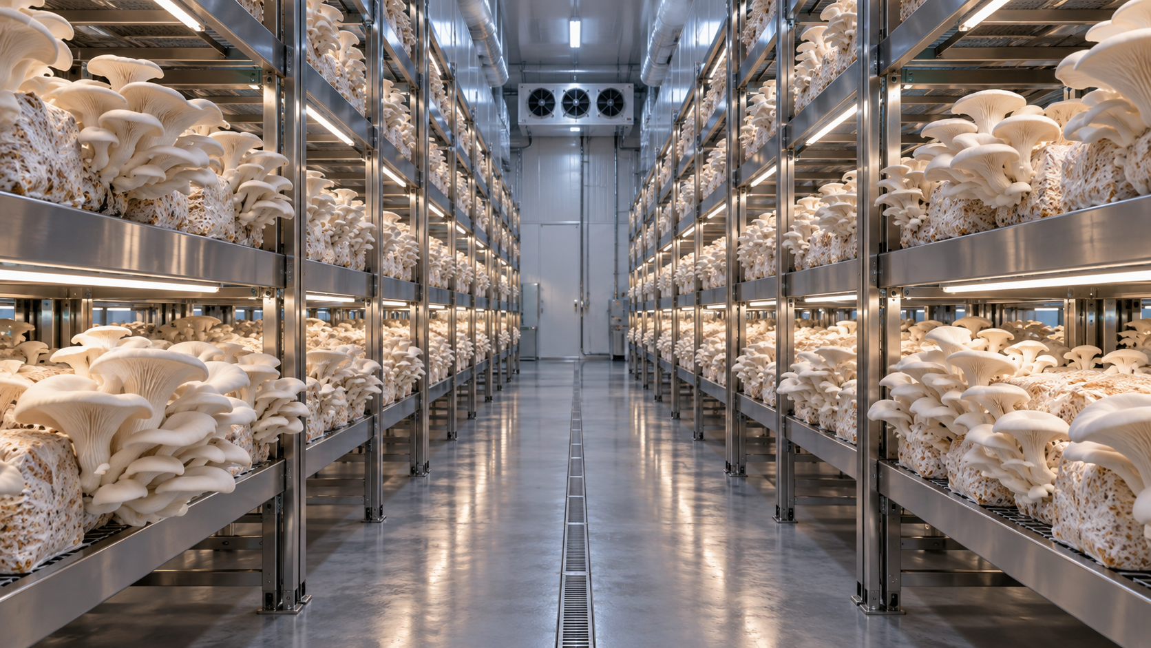 Concept visual of a climate-controlled mushroom growing room