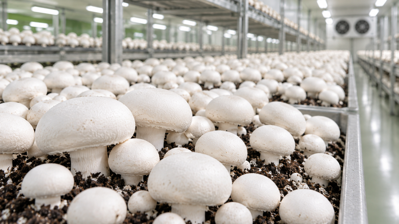 White button mushrooms in a growing room