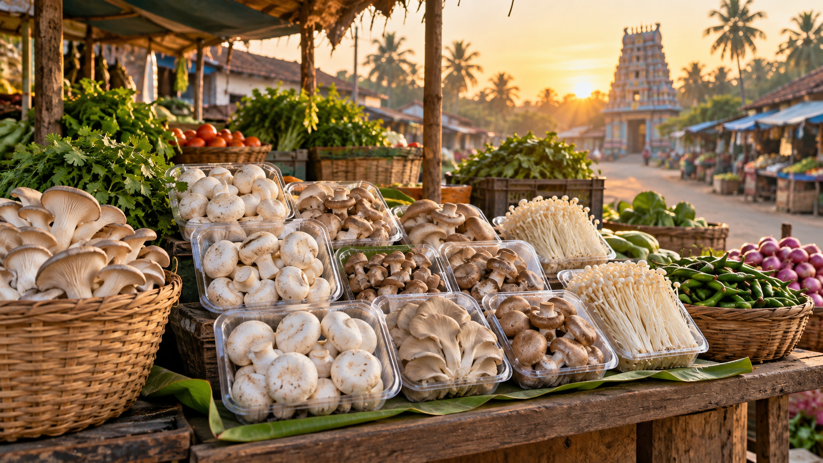 Concept image of fresh mushrooms at an Indian village market