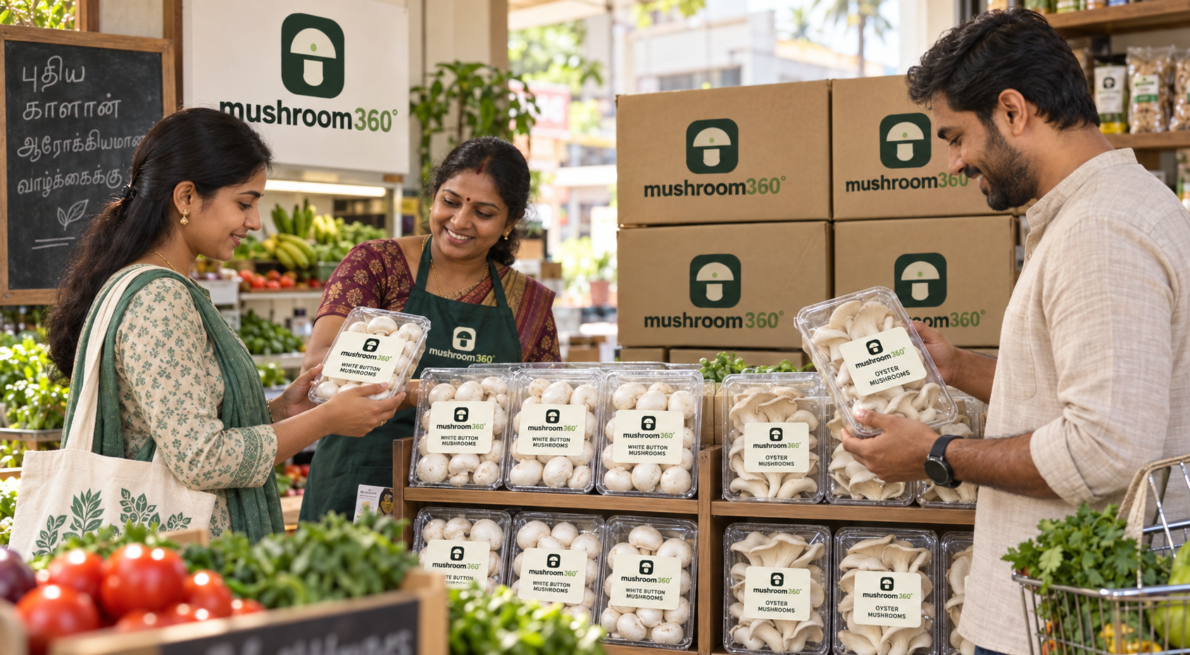 Concept of Indian men and women selecting mushroom packs in a local shop