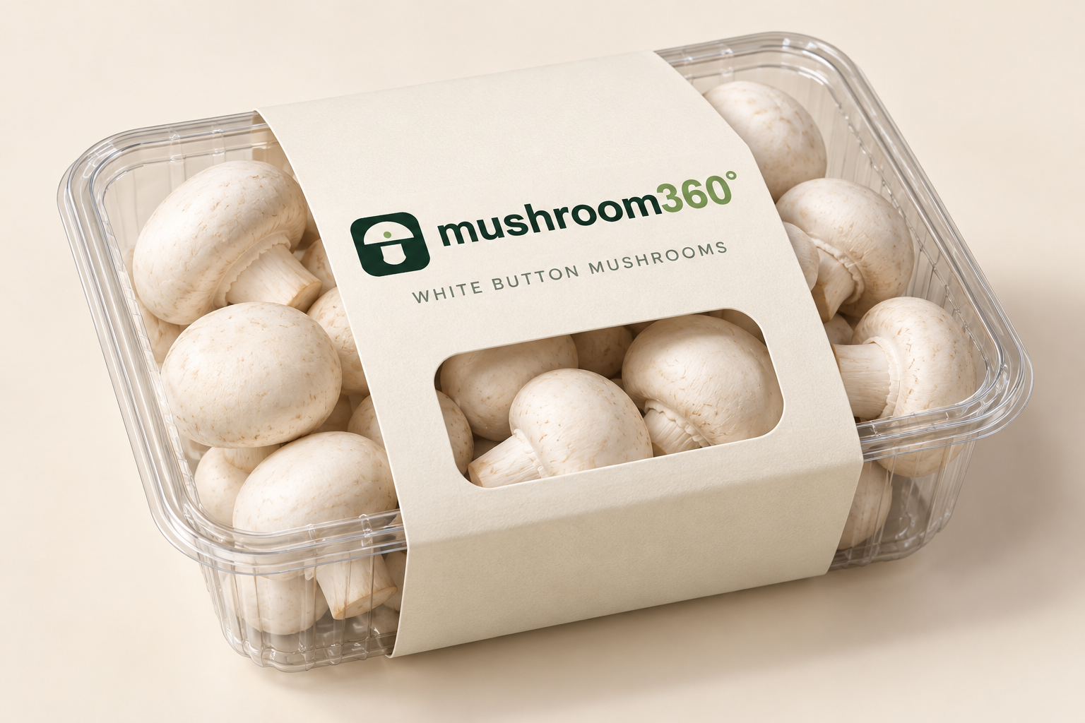 Concept Mushroom360 white button mushrooms in a clear retail tray