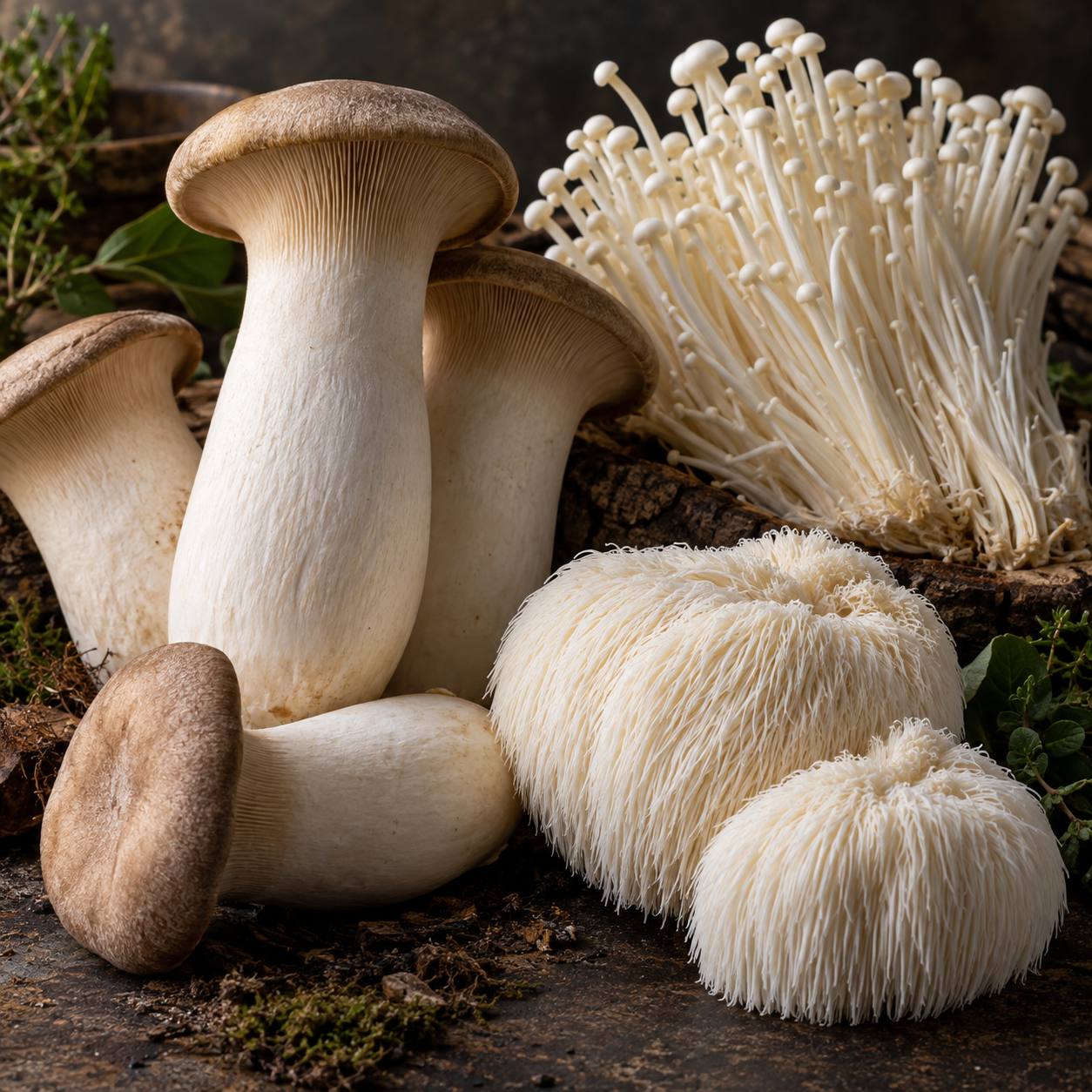 King oyster, enoki and lion's mane mushrooms